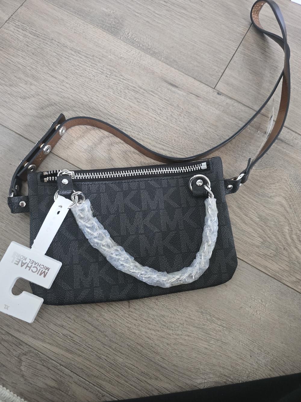 Michael Kors Black Logo Crossbody Wristlet with Silver Hardware